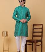 Men green silk blend jacquard kurta