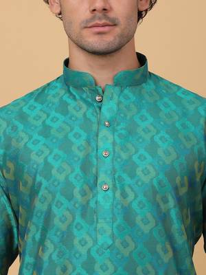 Men green silk blend jacquard kurta 2