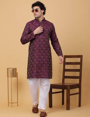 Men purple silk blend jacquard kurta 1