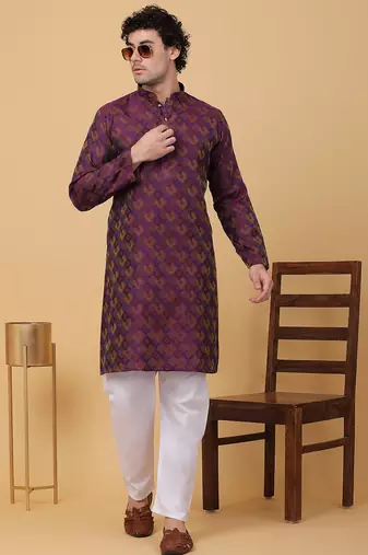 Men purple silk blend jacquard kurta