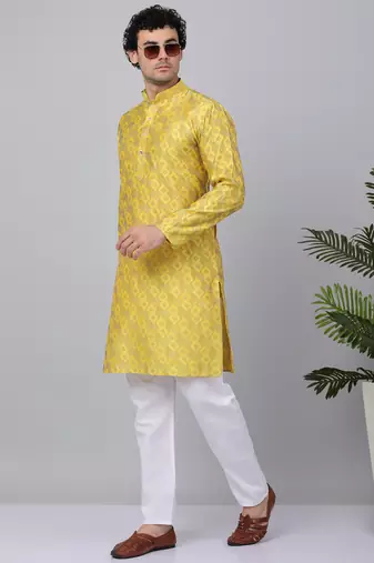 Men yellow silk blend jacquard kurta