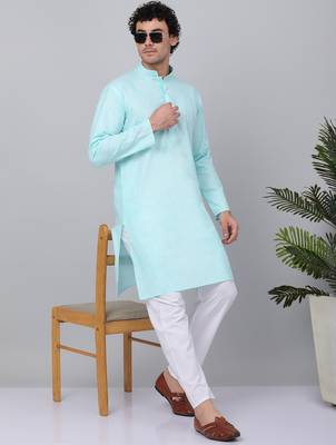 Men aqua blue linen solid kurta 1