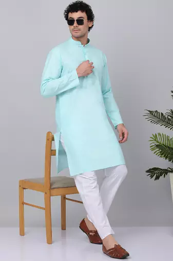 Men aqua blue linen solid kurta