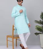 Men aqua blue linen solid kurta