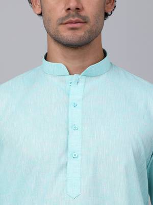Men aqua blue linen solid kurta 2