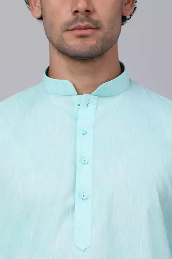 Men aqua blue linen solid kurta