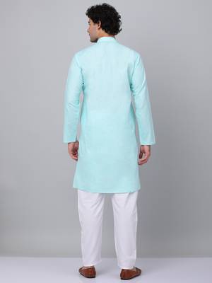 Men aqua blue linen solid kurta 3
