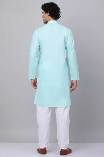 Men aqua blue linen solid kurta