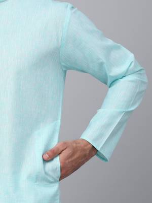 Men aqua blue linen solid kurta 4