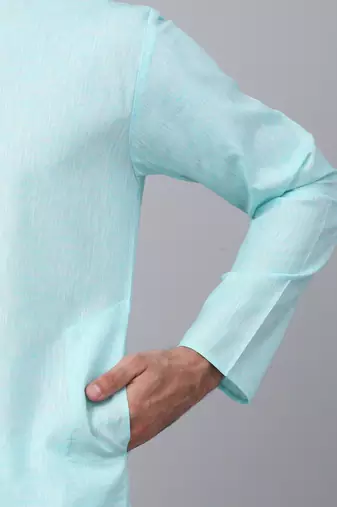 Men aqua blue linen solid kurta