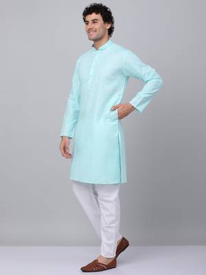 Men aqua blue linen solid kurta 5
