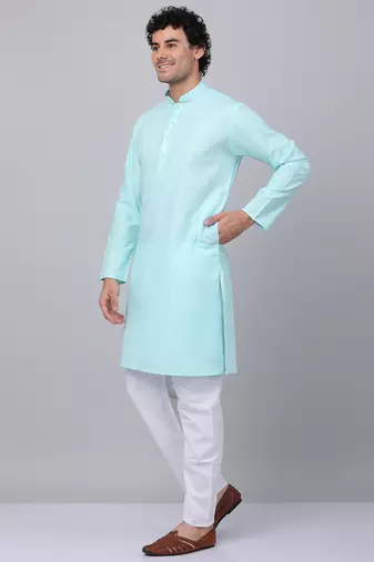 Men aqua blue linen solid kurta
