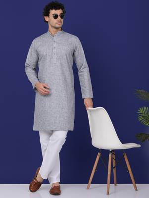 Men grey linen solid kurta 1