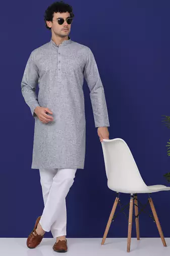 Men grey linen solid kurta