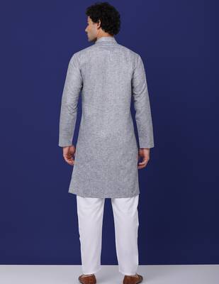 Men grey linen solid kurta 3