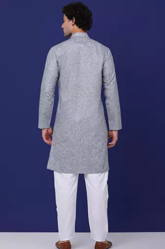 Men grey linen solid kurta