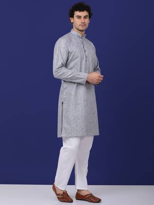 Men grey linen solid kurta 4