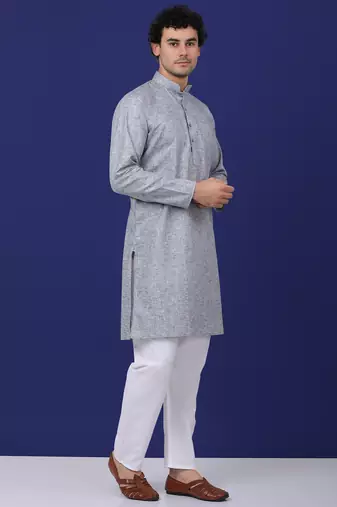 Men grey linen solid kurta