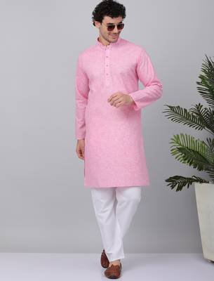 Men pink linen solid kurta 1