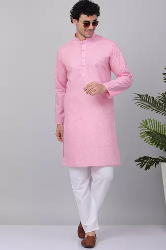 Men pink linen solid kurta
