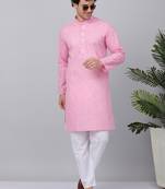 Men pink linen solid kurta