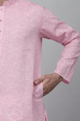 Men pink linen solid kurta