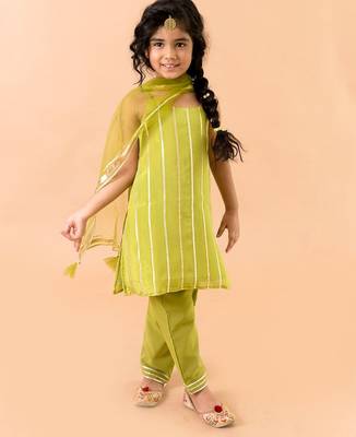 Green Georgette Kurtas Set with Gotta Work - Festive Wear for Girls 1