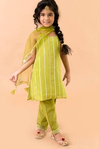 Green Georgette Kurtas Set with Gotta Work - Festive Wear for Girls