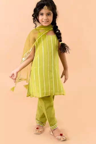 Green Georgette Kurtas Set with Gotta Work - Festive Wear for Girls