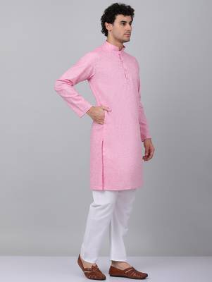 Men pink linen solid kurta 5