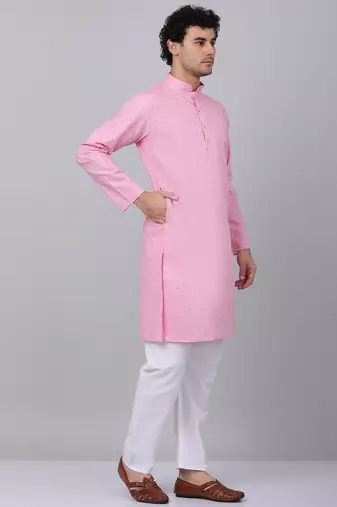Men pink linen solid kurta