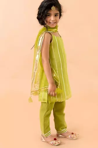 Green Georgette Kurtas Set with Gotta Work - Festive Wear for Girls