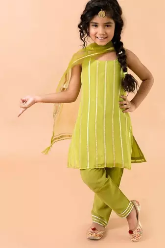 Green Georgette Kurtas Set with Gotta Work - Festive Wear for Girls