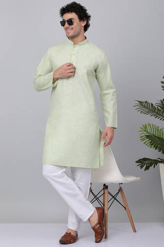 Men green linen solid kurta