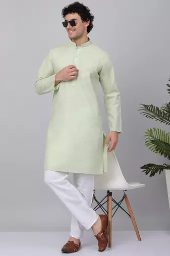 Men green linen solid kurta