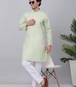 Men green linen solid kurta