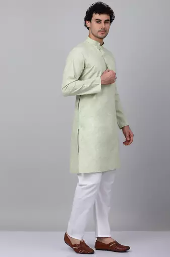 Men green linen solid kurta