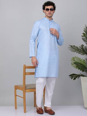 Men sky blue linen solid kurta 1
