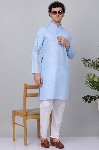 Men sky blue linen solid kurta