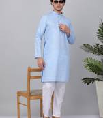 Men sky blue linen solid kurta