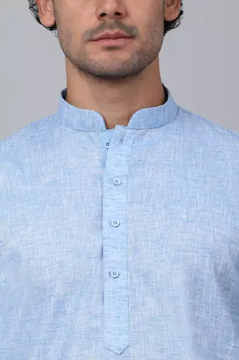 Men sky blue linen solid kurta