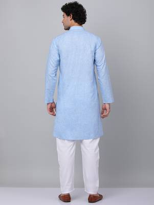 Men sky blue linen solid kurta 3