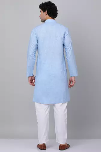Men sky blue linen solid kurta