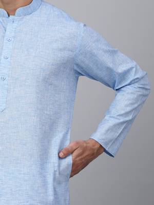 Men sky blue linen solid kurta 4