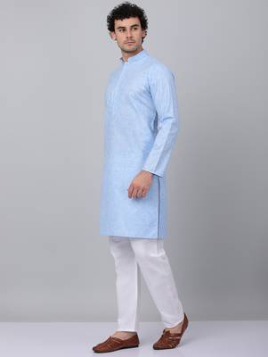 Men sky blue linen solid kurta 5