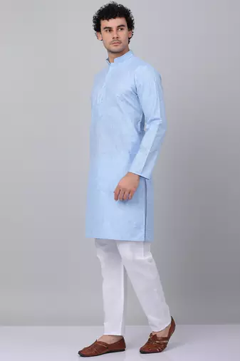 Men sky blue linen solid kurta