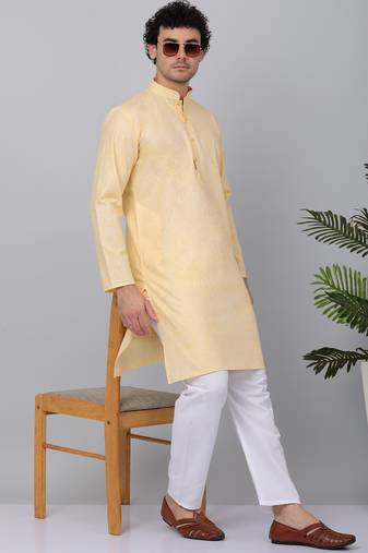 Men yellow linen solid kurta