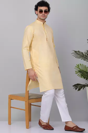 Men yellow linen solid kurta