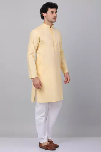 Men yellow linen solid kurta