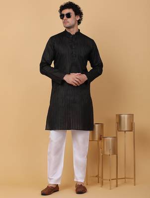 Men black pure cotton striped knee length kurta 1